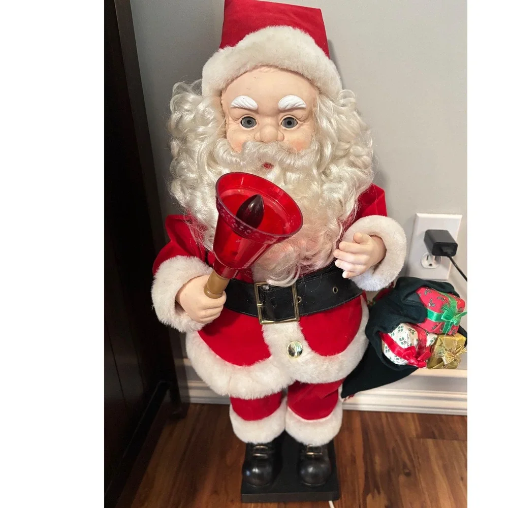 Vintage Animated Standing Santa‎ Claus Red Velvet Suit Light Up Bell 24 Inch